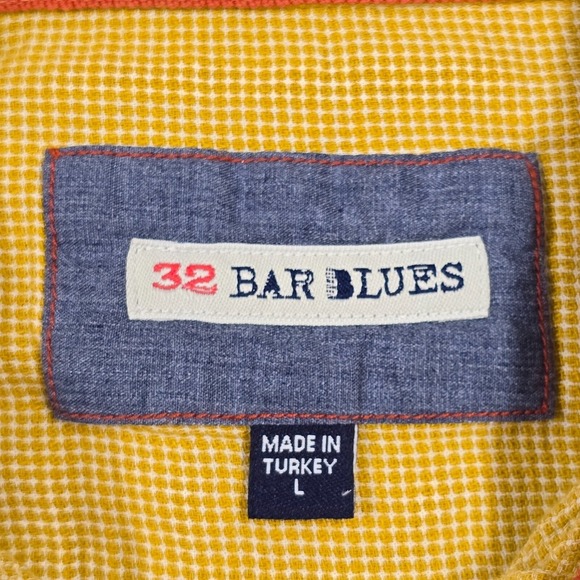 32 Bar Blues‎ Shirt Men Large Yellow Short Sleeve Cotton Button Front Resort - Picture 5 of 12